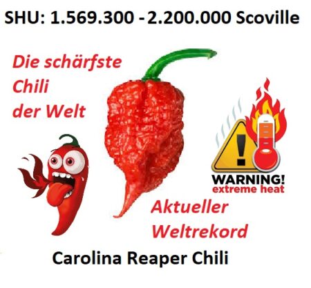 Bio Chilischoten Carolina Reaper Früchte frisch 1g (inkl. Samen)  die schärfste Chili der Welt, süßlich-fruchtig, leicht bitter, mit Aromen von Schokolade, Zitrusfrüchten und Kirschen – sofern die höllische Schärfe der Chili überhaupt noch etwas erschmecken lässt