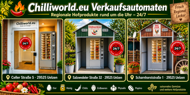 Drei ChiliWorld 24/7-Verkaufsautomaten in Uelzen: Celler Straße 5, Salzwedeler Straße 32 und Scharnhorststraße 1